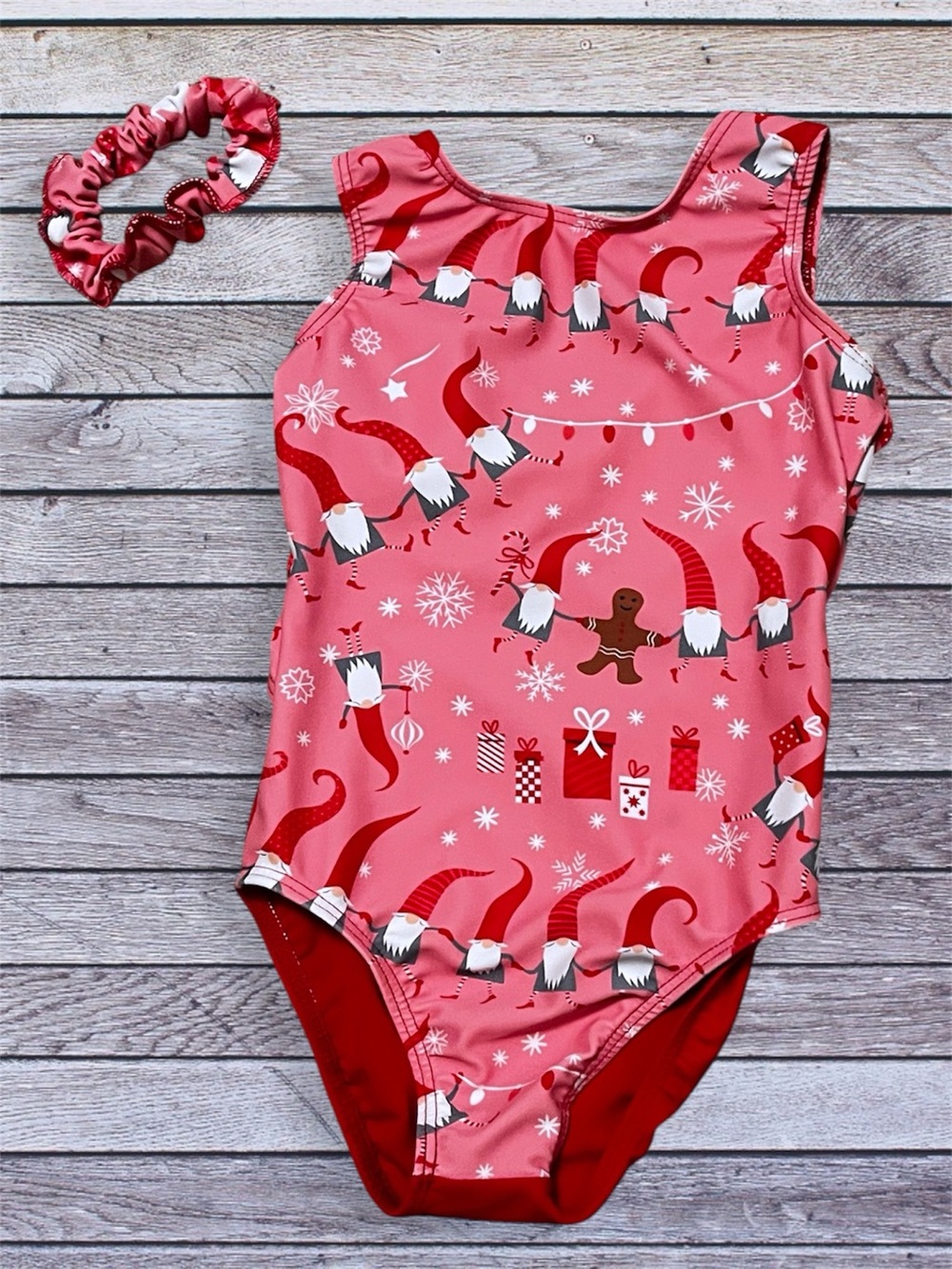Destira Pink & Red Holiday Gnome Leotard with Scrunchie xs